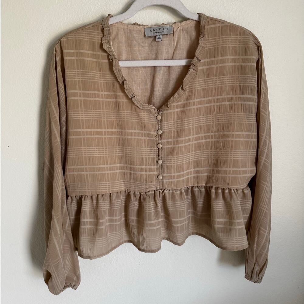 Hayden Women's Peplum‎ Long-Sleeve Blouse Brown Beige Size Small Fall Boho